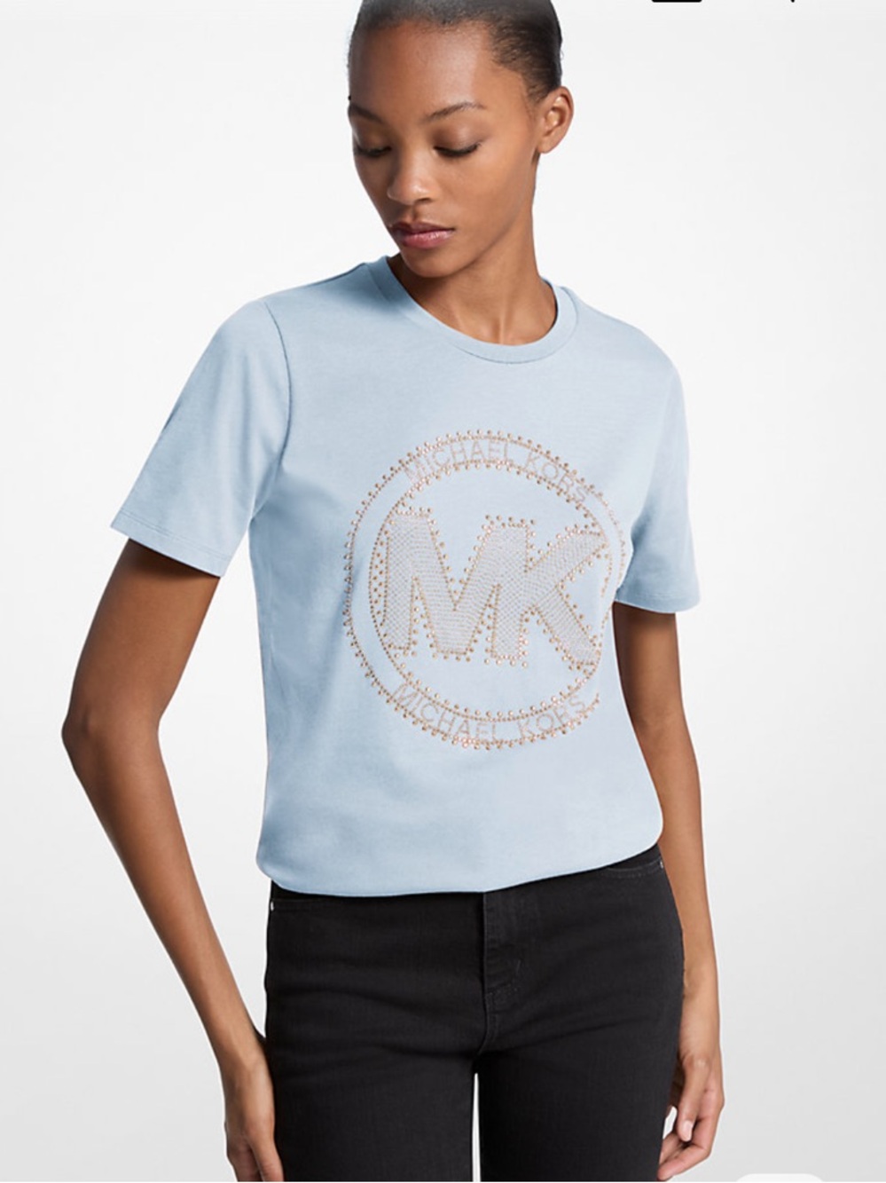 Michael Kors Studded Logo Charm Organic Cotton Jersey T-Shirt -XS -light blue